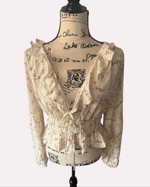 NWT H&M Floral Tie Front Ruffle Peplum Blouse Cream Pink Long Sleeve Sz S